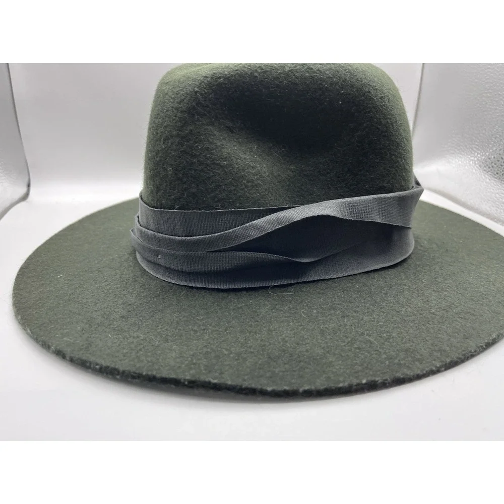 Vtg Forest Green 100% Wool Wide‎ Brim Fedora Hat Ribbon Band Indie Dark Academia